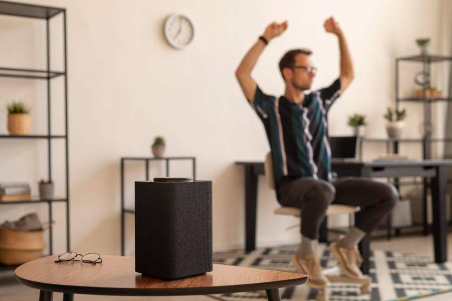 Surround sound speaker placement in a modern home theater room with correctly positioned speakers for immersive audio, balanced acoustics, and enhanced listening performance.