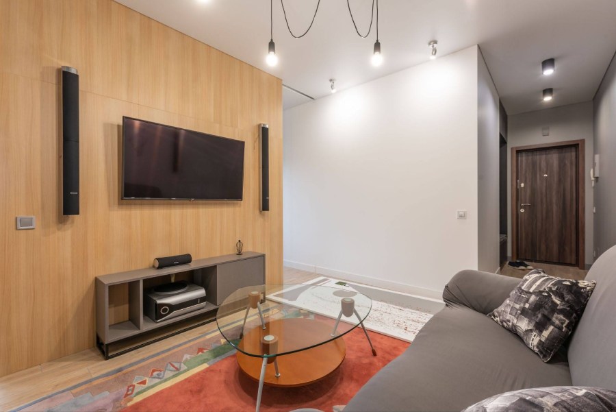 Modern home theater featuring a cinematic sound system for an immersive movie experience.