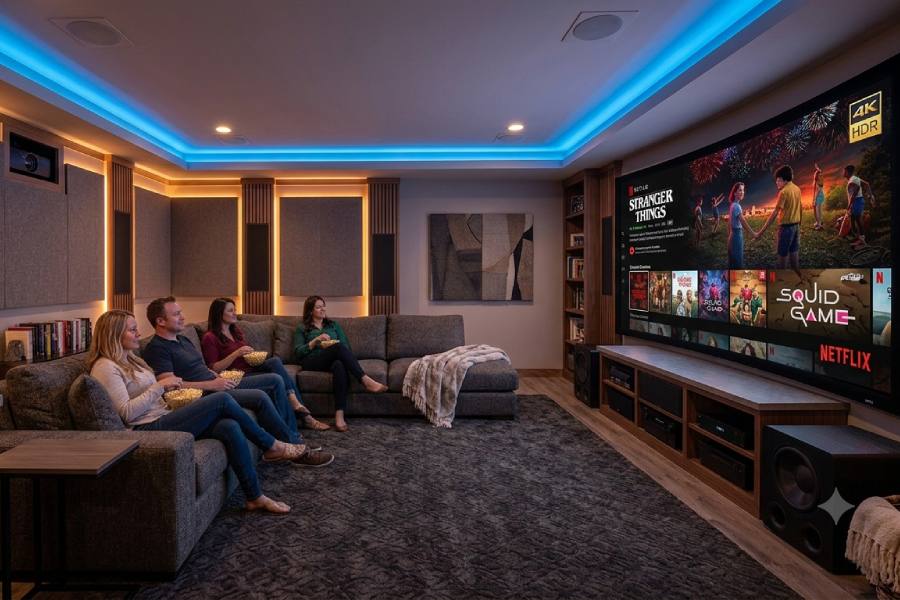 Modern luxury living room featuring a premium surround sound system and 4K home theatre setup for an immersive Netflix streaming experience.