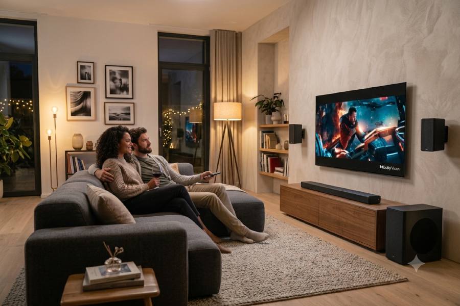 Elegant modern living room featuring a premium Dolby Atmos home theatre with immersive surround sound and a seamlessly integrated luxury entertainment setup.