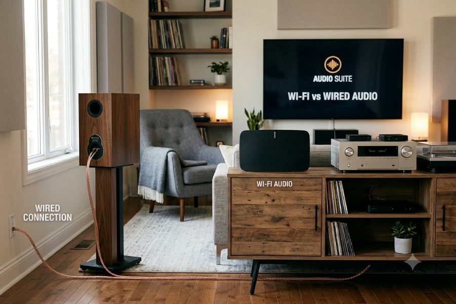 A side-by-side comparison of home audio setups, showcasing a wireless home theater system speaker on a media console and a traditional wired speaker on a stand with cables visible. The TV in the background displays the "AUDIO SUITE" logo.
